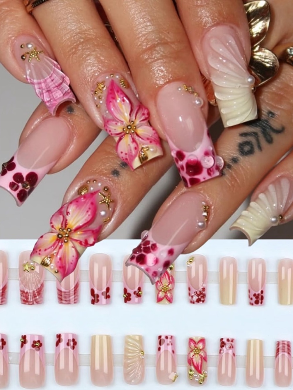 Pink Floral 3D Press-On Nail Kit by